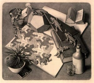 M.C. Escher, Reptiles, 1943, lithograph, 13 1/8 x 15 ¼ in., copyright the M.C. Escher Company B.V. - Baarn - the Netherlands. Used by permission. All rights reserved. www.mcescher.com.