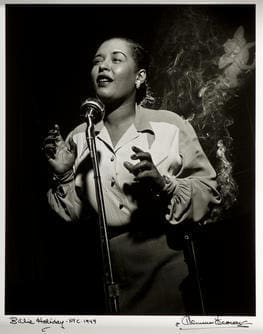 Herman Leonard, Billie Holiday, NYC, 1949 (printed later), gelatin silver print, 14 x 11 in., Collection of the Akron Art Museum, Gift of George Stephanopoulos 2008.126