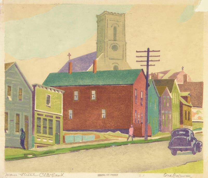 A cream tinted road enters from the left foreground and is positioned diagonally in the composition. An abstracted vehicle, reduced to two colors and simplified shapes, travels up its surface. On the left side of the road is a string of houses which are wedged in space. The roof and outside of the walls of the buildings are painted with an array of colors including sapphire, crimson, lime green, violet, and burnt orange. A soft fade disseminated across the surface of the buildings like a wash.Two stylized figures walk in either direction on the sidewalk. In the background is a church that transcends the buildings in front of it. A prism with two levels extends from its front with supports fixed to the corners. The roof is violet and the wall color is sandy.