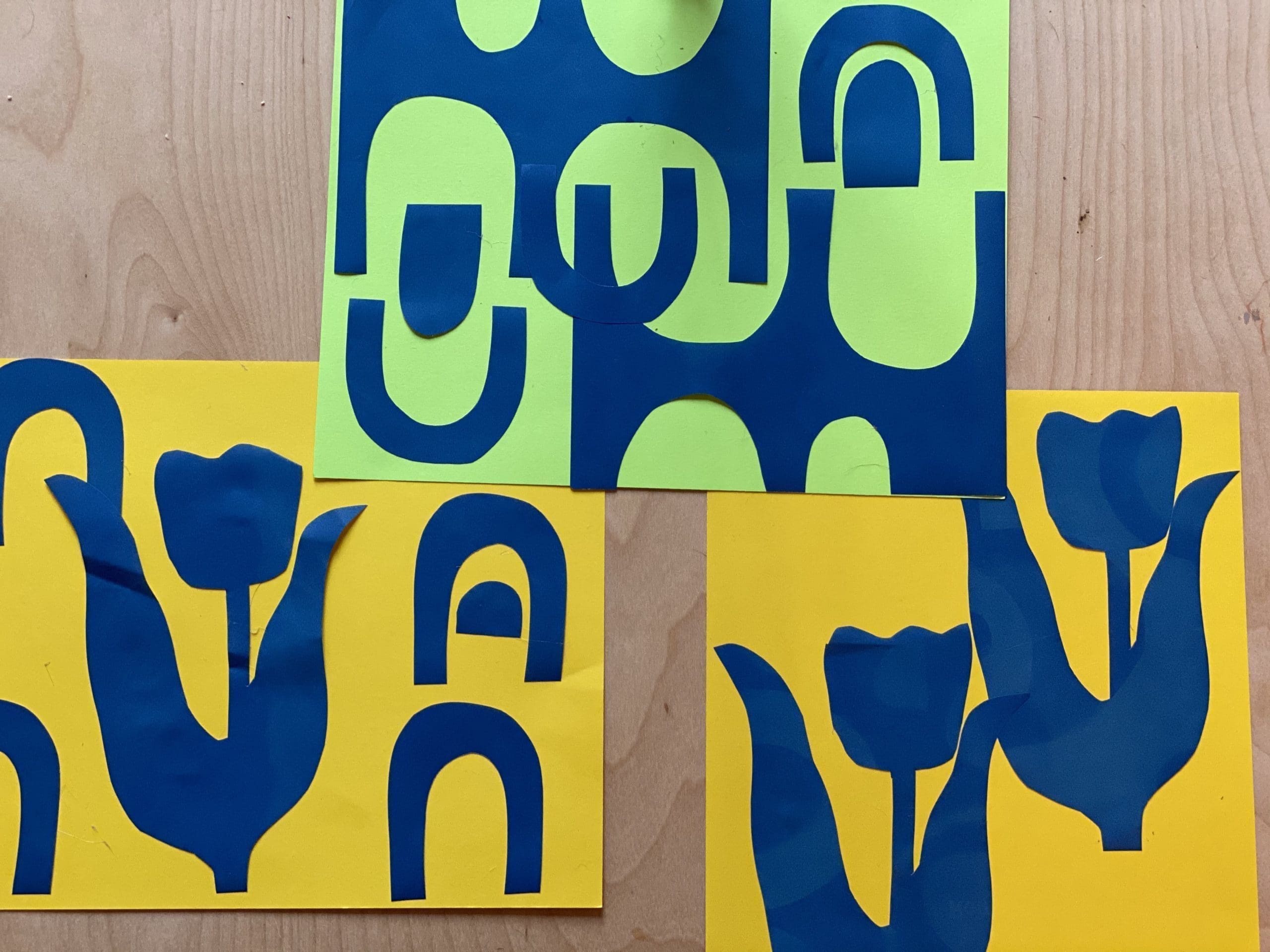 Blue, yellow, and green geometric collages