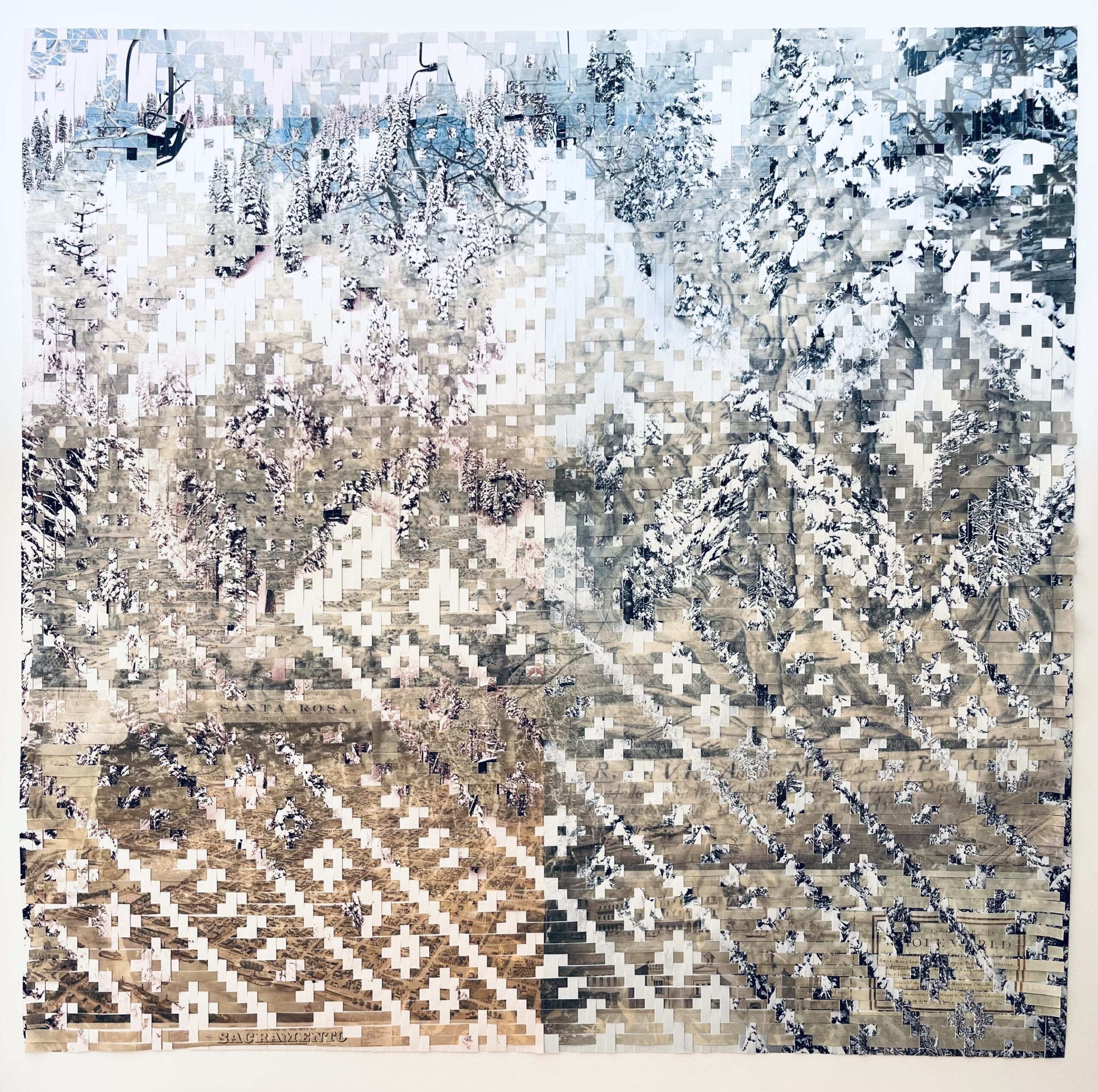 Sarah Sense. Gold Rush, Sacramento, 2022. Woven archival inkjet prints on bamboo paper and rice paper with beeswax. 40 x 40 in. (101.6 x 101.6 cm). Collection of the Akron Art Museum. Museum Acquisition Fund 2023.2
