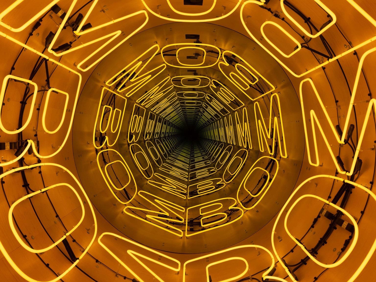 Iván Navarro. Bombombomb (Black and Yellow), 2014. Neon, wood, Formica, battery, and drum hardware. Courtesy of private collection and Templon