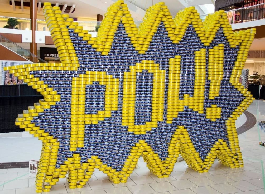 The word pow made from cans.