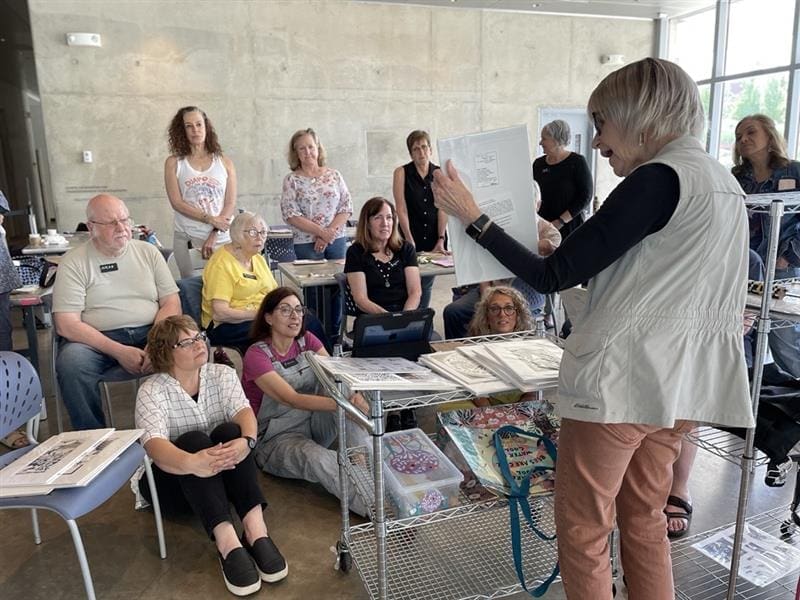 A group of 55+ adults recieving art instruction.