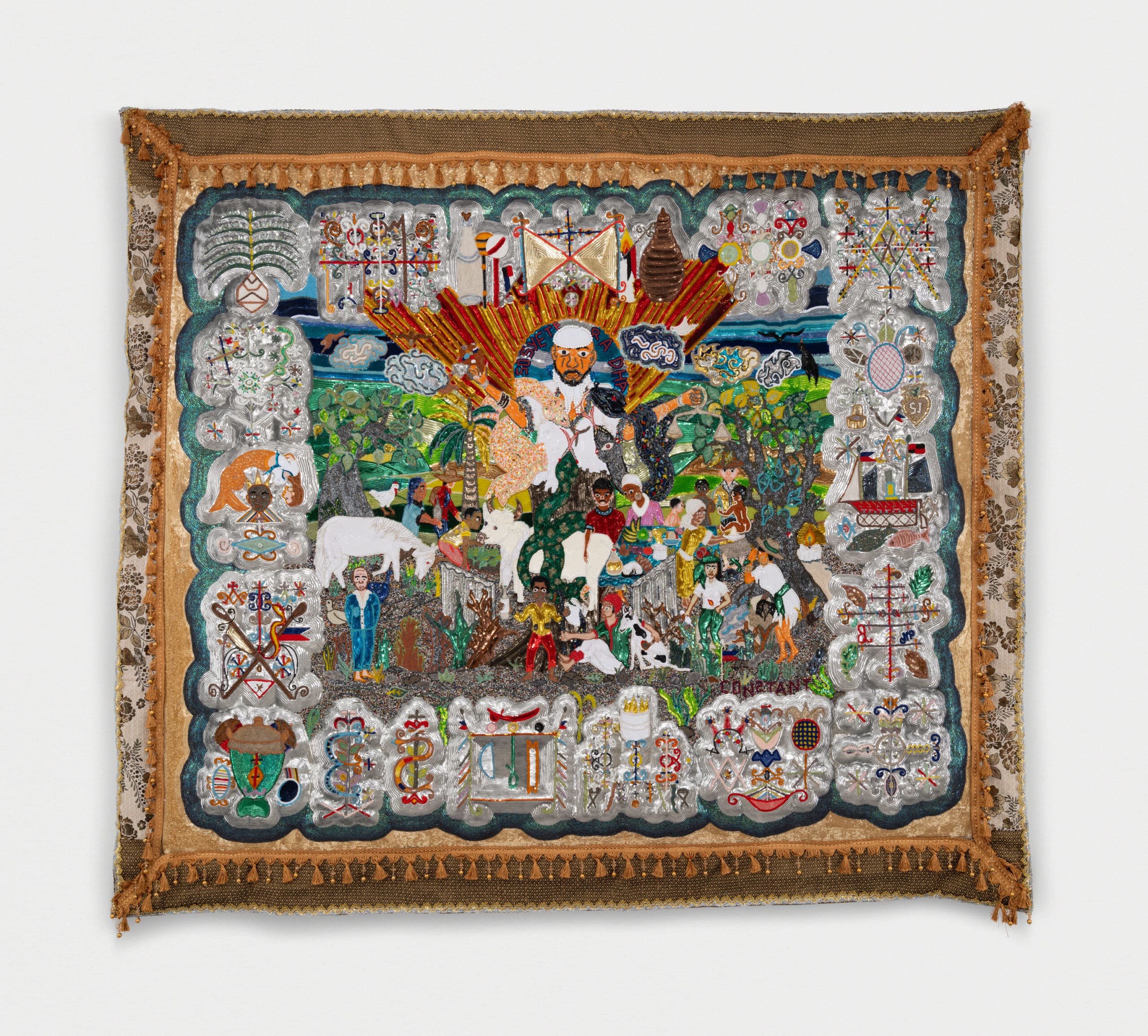 Myrlande Constant. Sosyete Radha, 2024. Beads, sequins, and tassels on fabric. Courtesy of the artist and Fort Gansevoort Gallery, New York