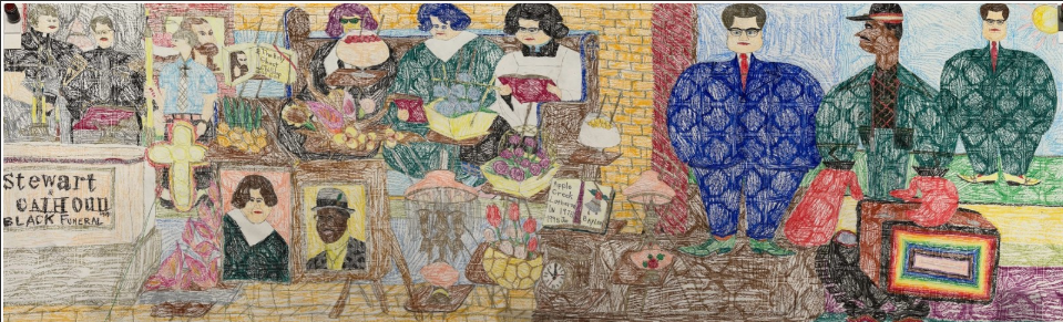Alfred McMoore. Untitled [Linoleum Imprint], Undated. 5 ft x 15 ft 8 in. Graphite and colored pencil on paper. On loan from the Auerbach family.
